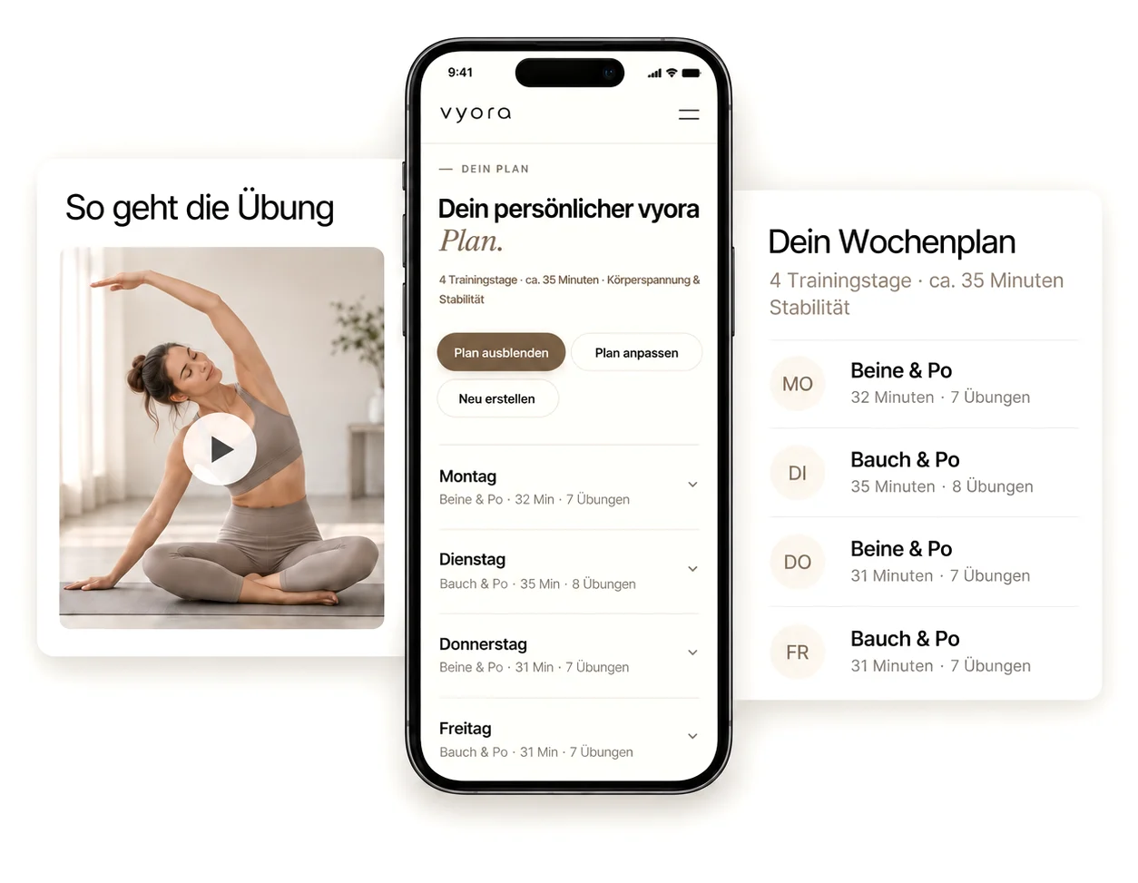 Smartphone mit dem vyora-Trainingsplan: vier Trainingstage mit Schwerpunkt Körperspannung und Stabilität. Daneben eine Videoanleitung „So geht die Übung“ und die Übersicht „Dein Wochenplan“ von Montag bis Freitag