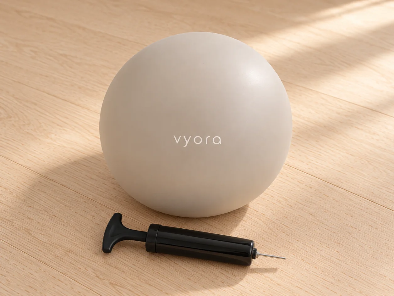 Der weiche vyora Pilates-Ball mit vyora-Schriftzug und die Pumpe auf einem hellen Holzboden im Sonnenlicht