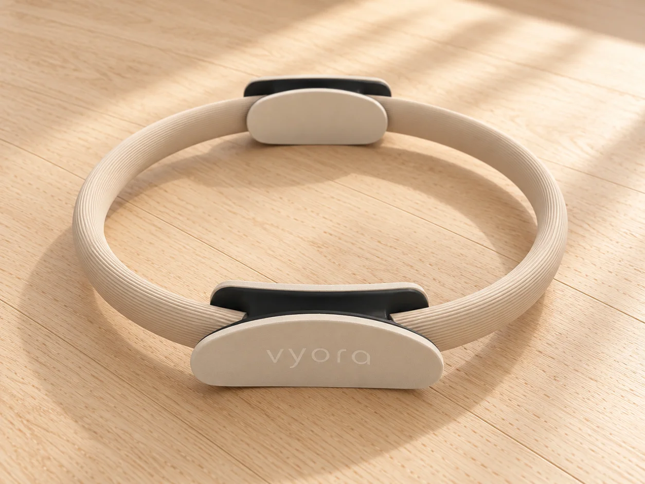 Der vyora Pilates-Ring mit gepolsterten Griffen innen und außen auf einem hellen Holzboden